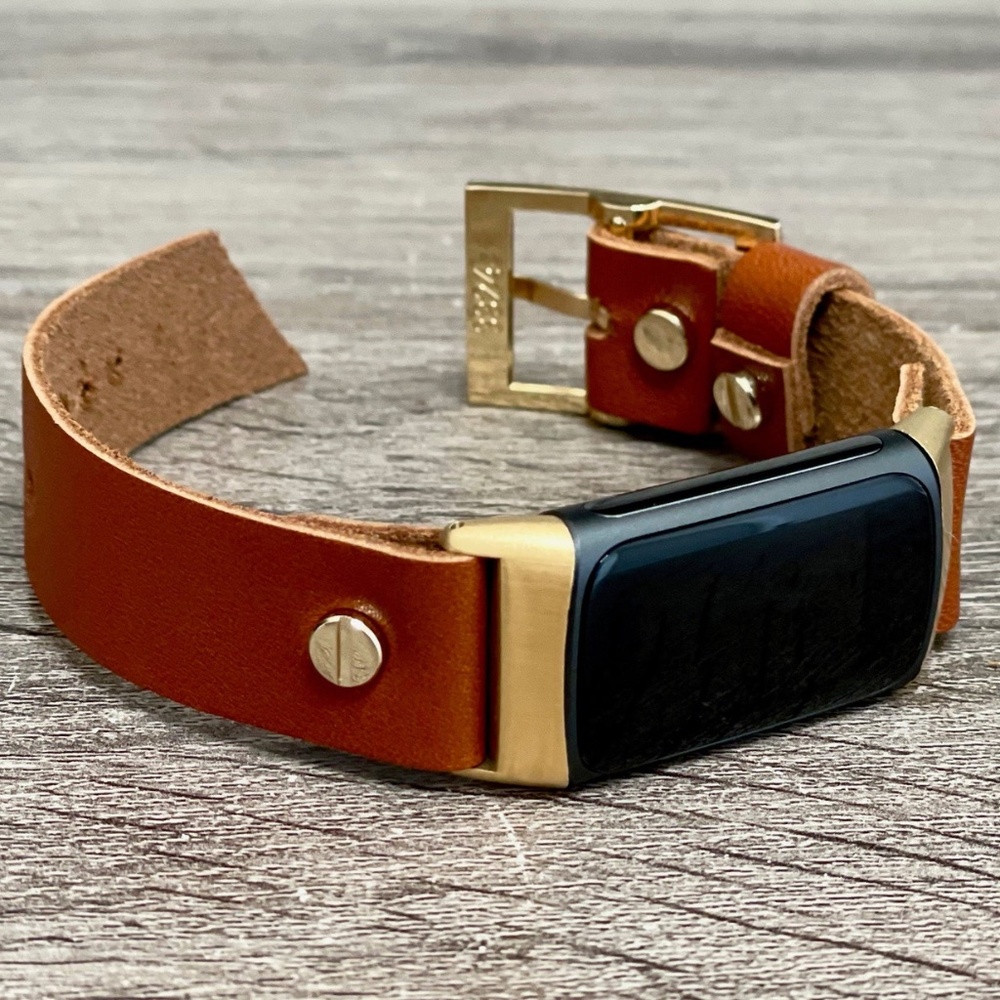 Bronze Brown Leather Gold Fitbit Charge 5 Band Women Strap Bracelet